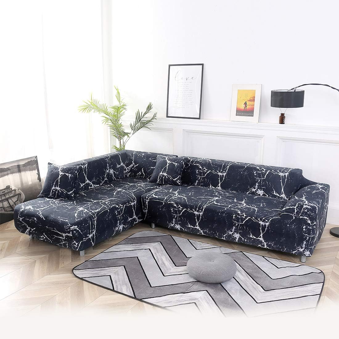 High Elastic Printing Polyester L-Shaped Sofa Cover Non-Slip Sofa Cover; 2PCS Elastic Sleeve Sliding Cover + 2 Pillow Cases(L-Shape 3+3 Seats) (BC003)