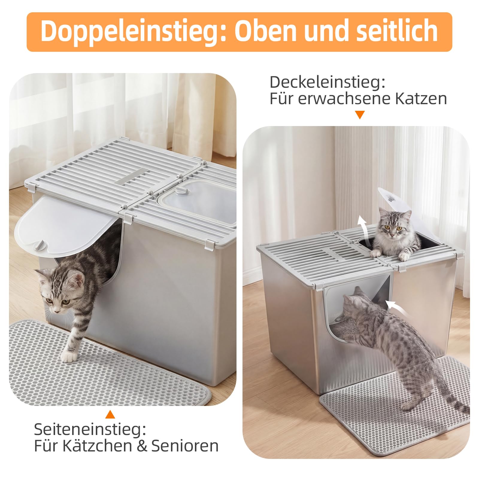Yangbaga XXL Katzenklo Edelstahl mit Deckel:Geschlossene Katzentoilette mit Hohem Rand,Katzenklo Metall für Große Katzen und Kätzchen,Geruchsfreie,Auslaufsicher, Griff Freundlich,Mit Aktivkohlebeutel
