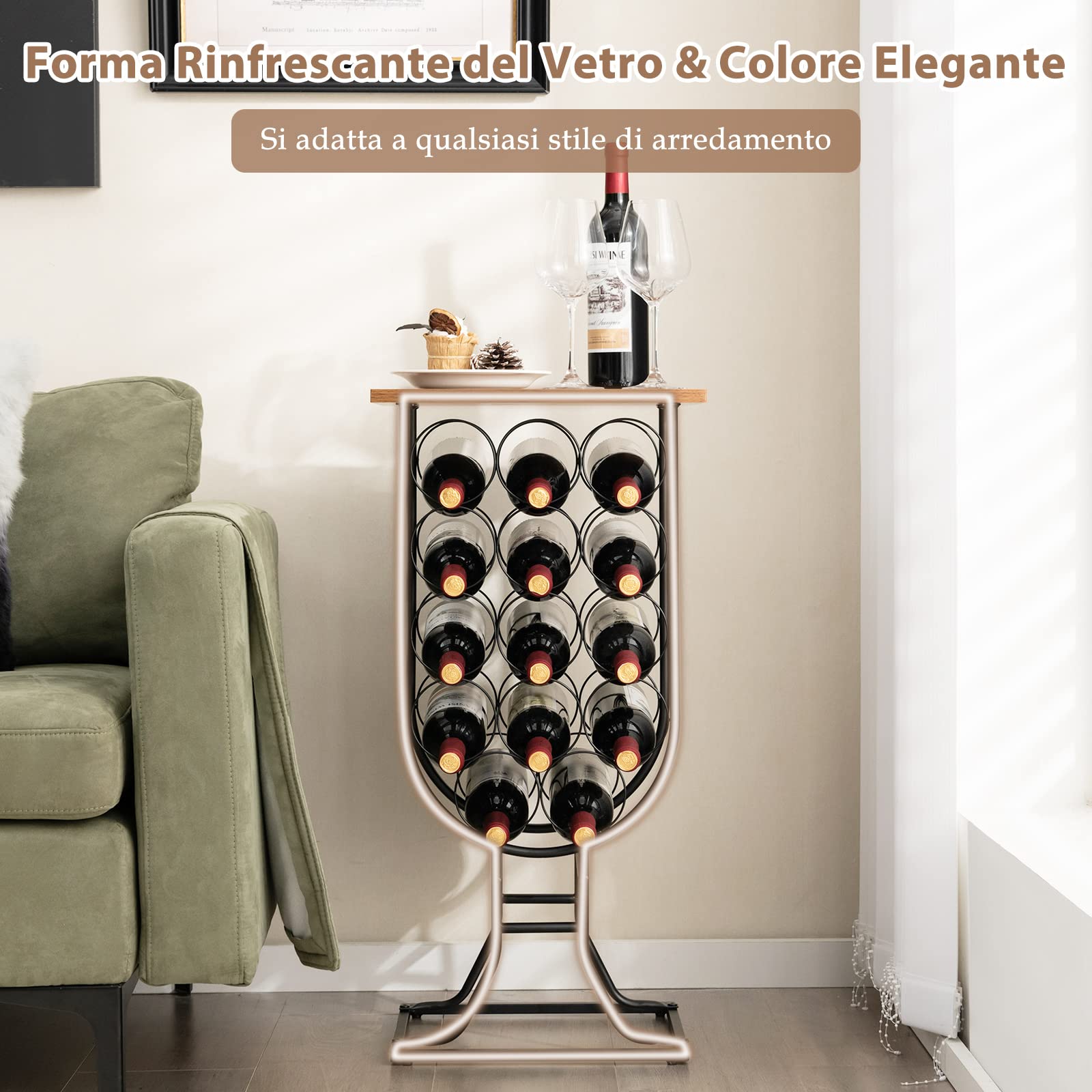 COSTWAY Portabottiglie per Vino con Ruote Staccabili e Bloccabili, Cantinetta Vino Stile Rustico per 14 Bottiglie, con Piano in Legno e Struttura in Metallo, Mobile Bar per Soggiorno e Cucina