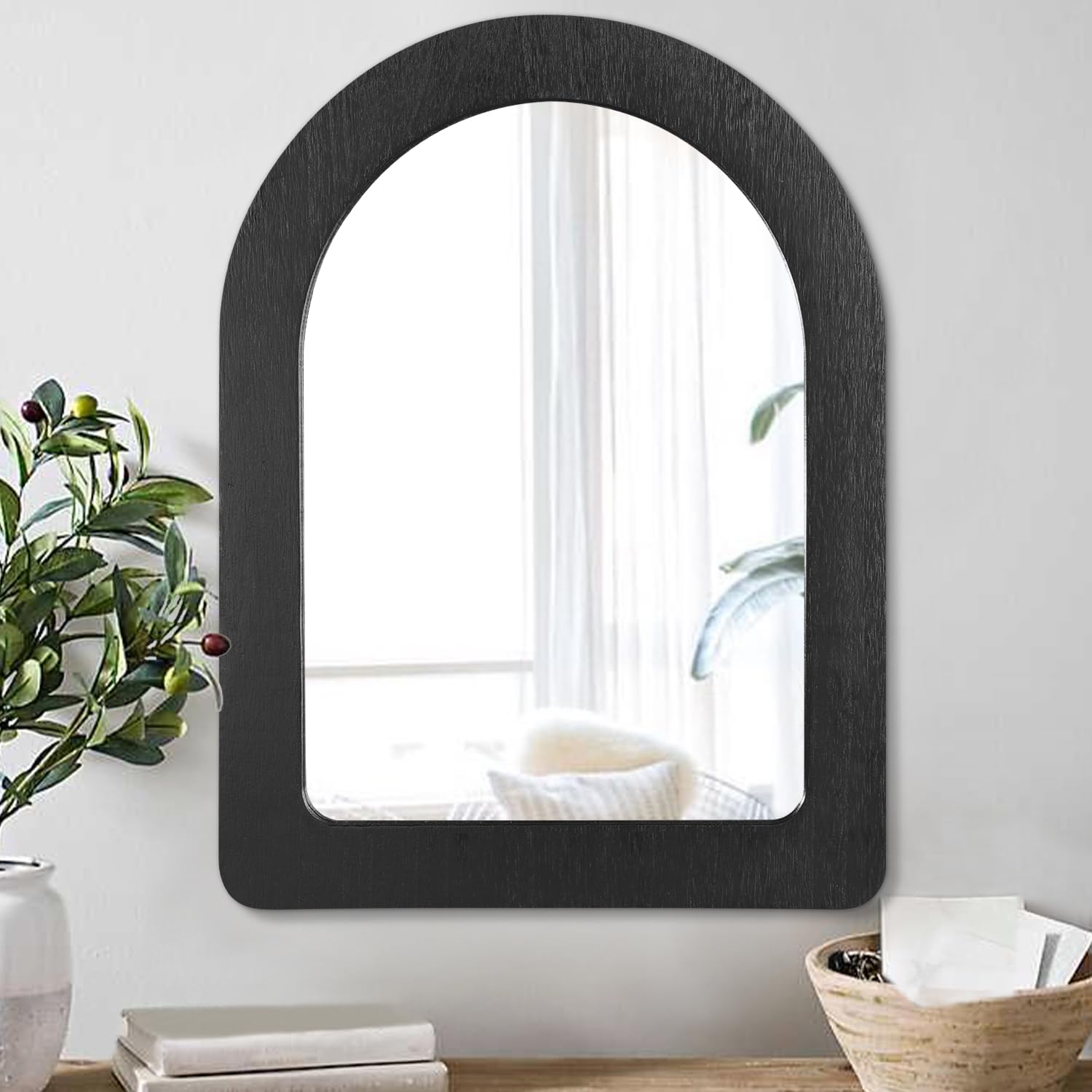 AAZZKANG Black Mirrors for Wall Arched Wood Framed Mirror Decorative Wall Mirror for Bedroom Living Room 65x45cm