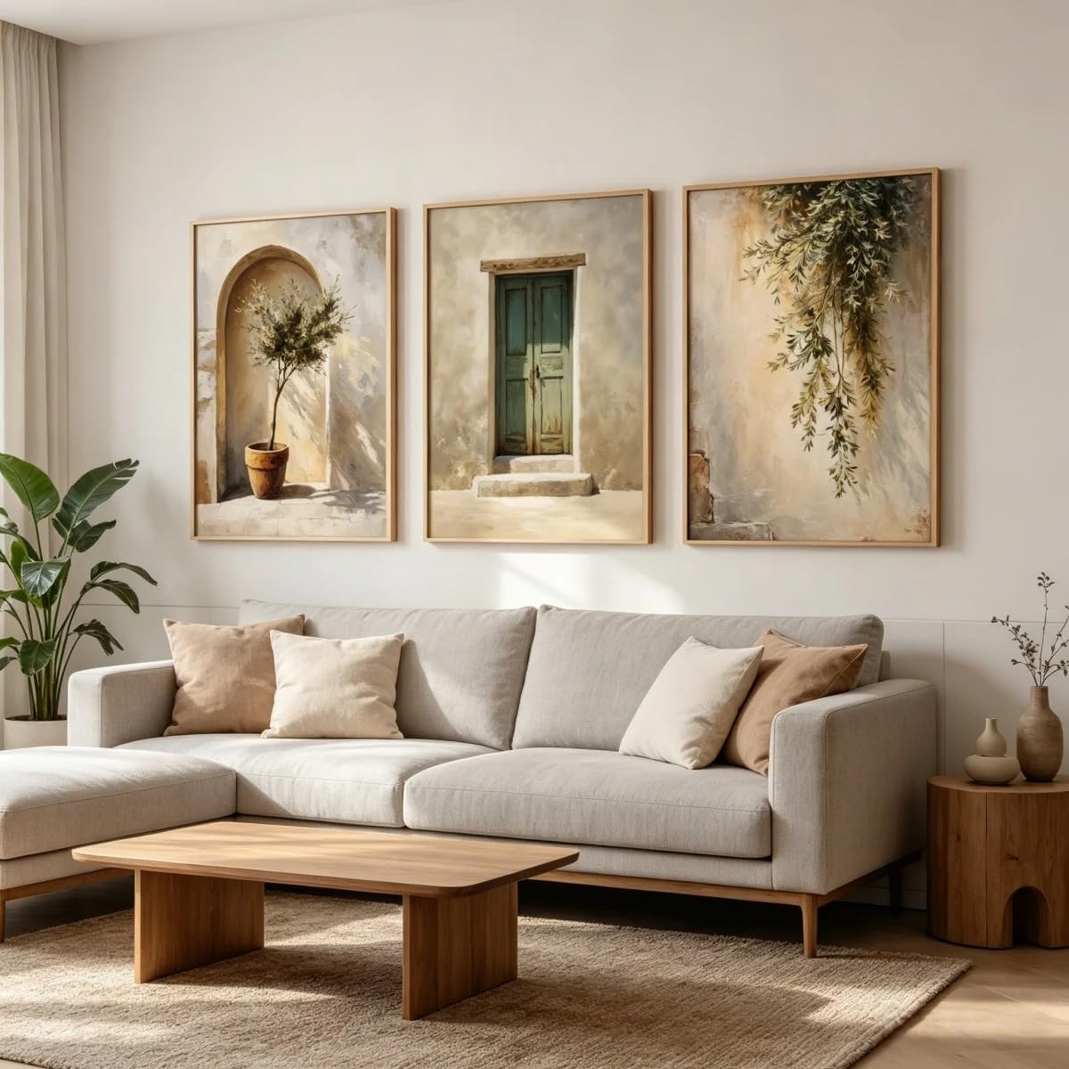 Póster con estampado de olivo en lienzo, color beige neutro, estilo rústico, para decoración de pared de patio (60x90cm - 3 piezas)