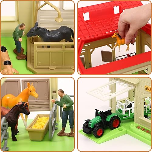 Miniatura 4 de Golray Granja de animales de juguete para niños, juego de corral con pista larga, 18 figuras de animales, 3 tractores de granja, edificio de establo