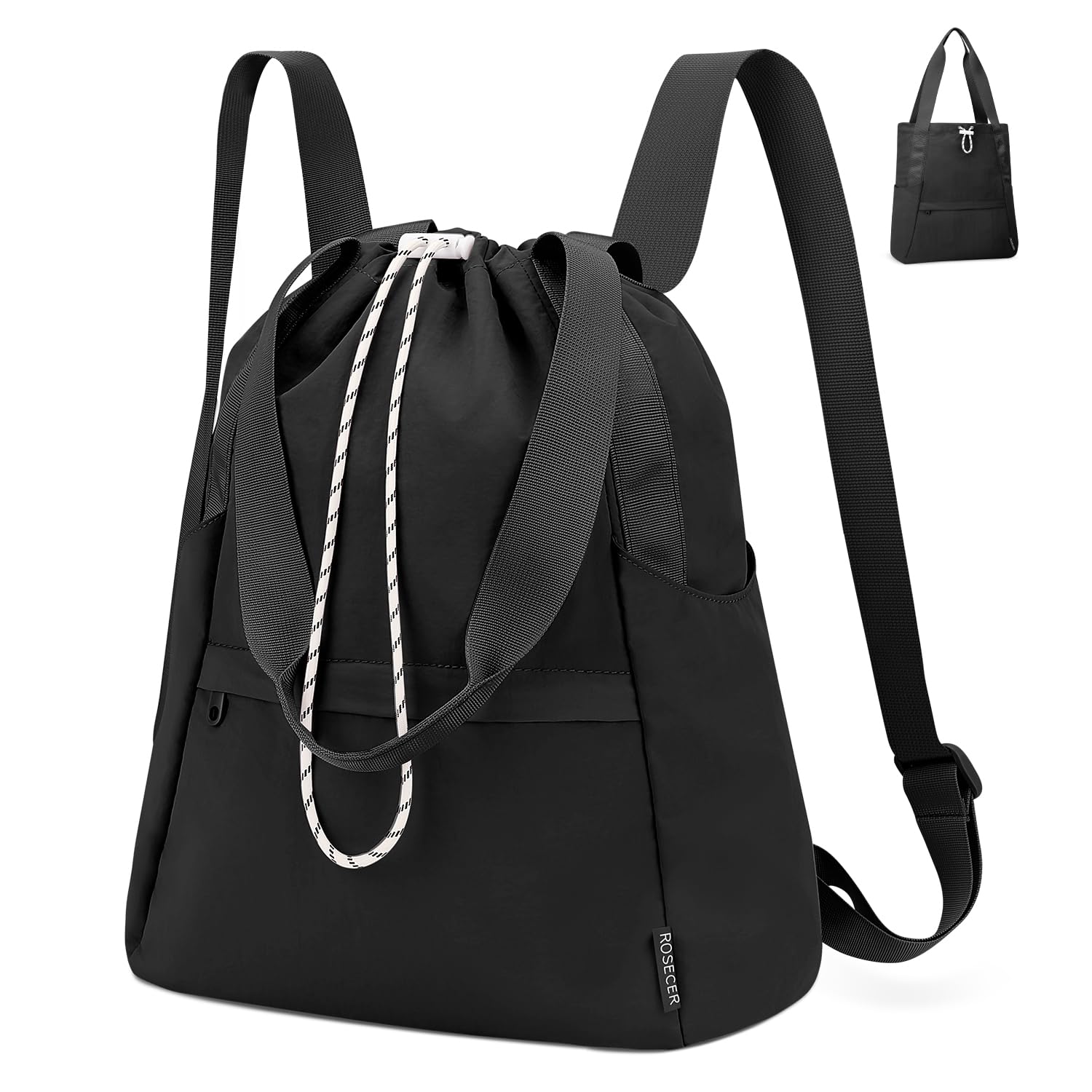 ROSECER Drawstring Gym Backpack with Wet Pocket, Large Gym Bag for Women Men, Water Resistant Travel Tote Bags for Women, Drawstring Sports Bag for Beach Swim Travel Workout, Black