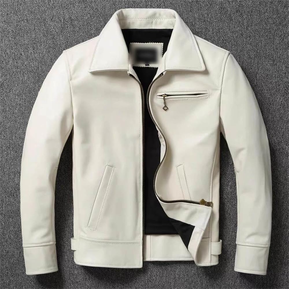 ジャケット・アウター White Single Leather Jacket Men's Leather Jacket White Lapel Calfskin Jacket Natural