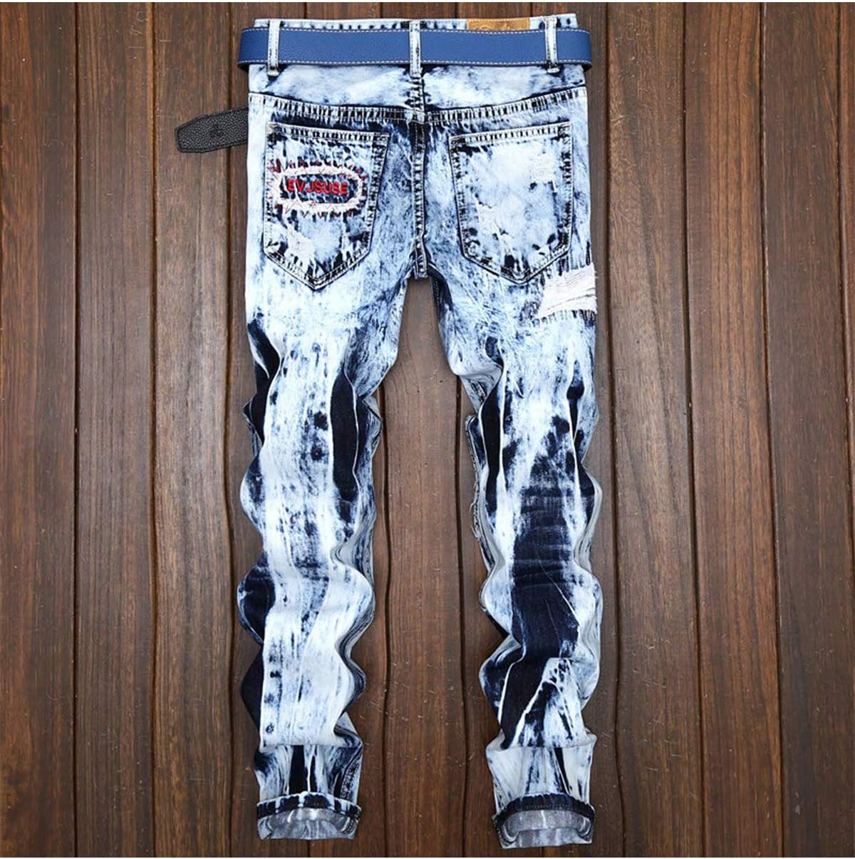 Chowsir Men Vintage Skinny Moto Biker Jeans Stretch Ripped Patch Jeans Straight Denim Pants