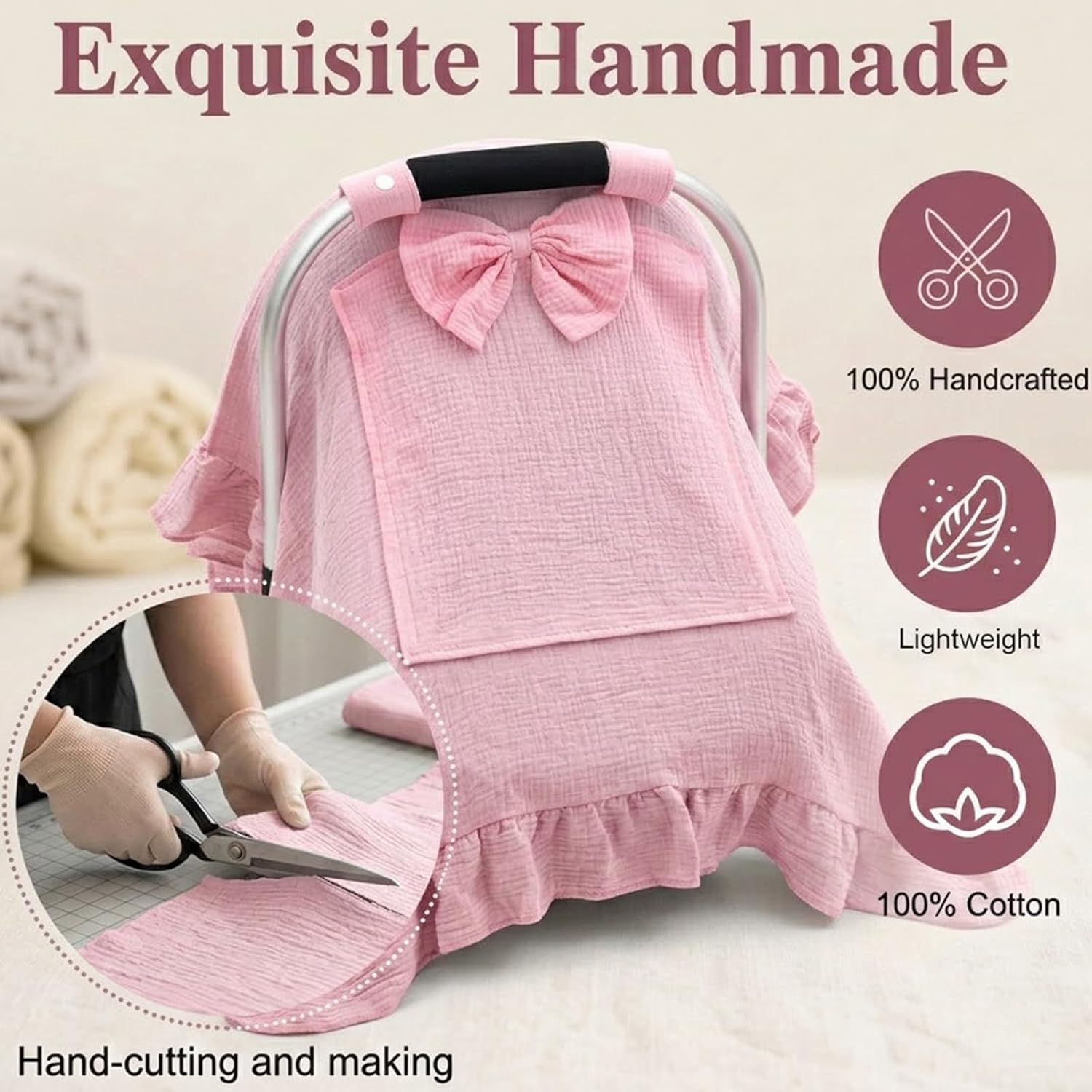 Car Seat Cover Baby Girls, Muslin Infant Car Seat Cover with Detachable Bow, Handmade Baby Carrier Cover with Mesh Peekaboo Window, Multi-Use Carseat Canopy for Newborn Shower Gift