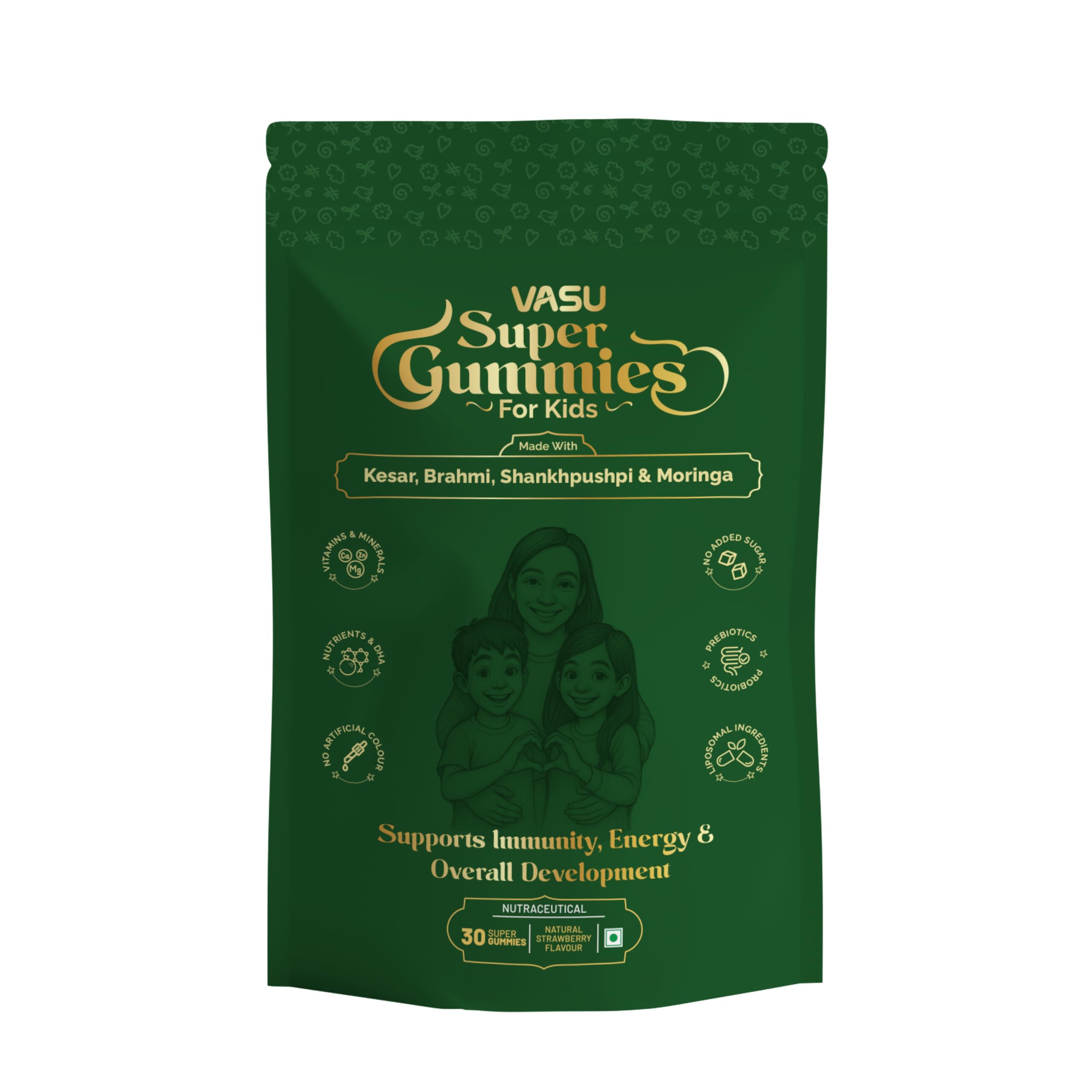 Vasu Super Gummies for Kids (30 Gummies) – Enriched with Kesar, Moringa, Brahmi & Shankhpushpi | Supports Immunity & Gut Health | Pre+Probiotics | DHA, Vitamins & Minerals | No Added Sugar-image-2
