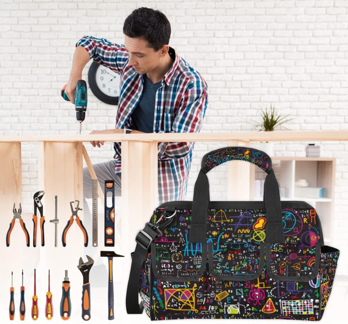 Mathematics Formula Elements Tool Bag for Men Women Heavy Duty Multi-Pockets Wide Mouth Tool Tote Waterproof Tool Bag Organizer with Adjustable Shoulder Strap