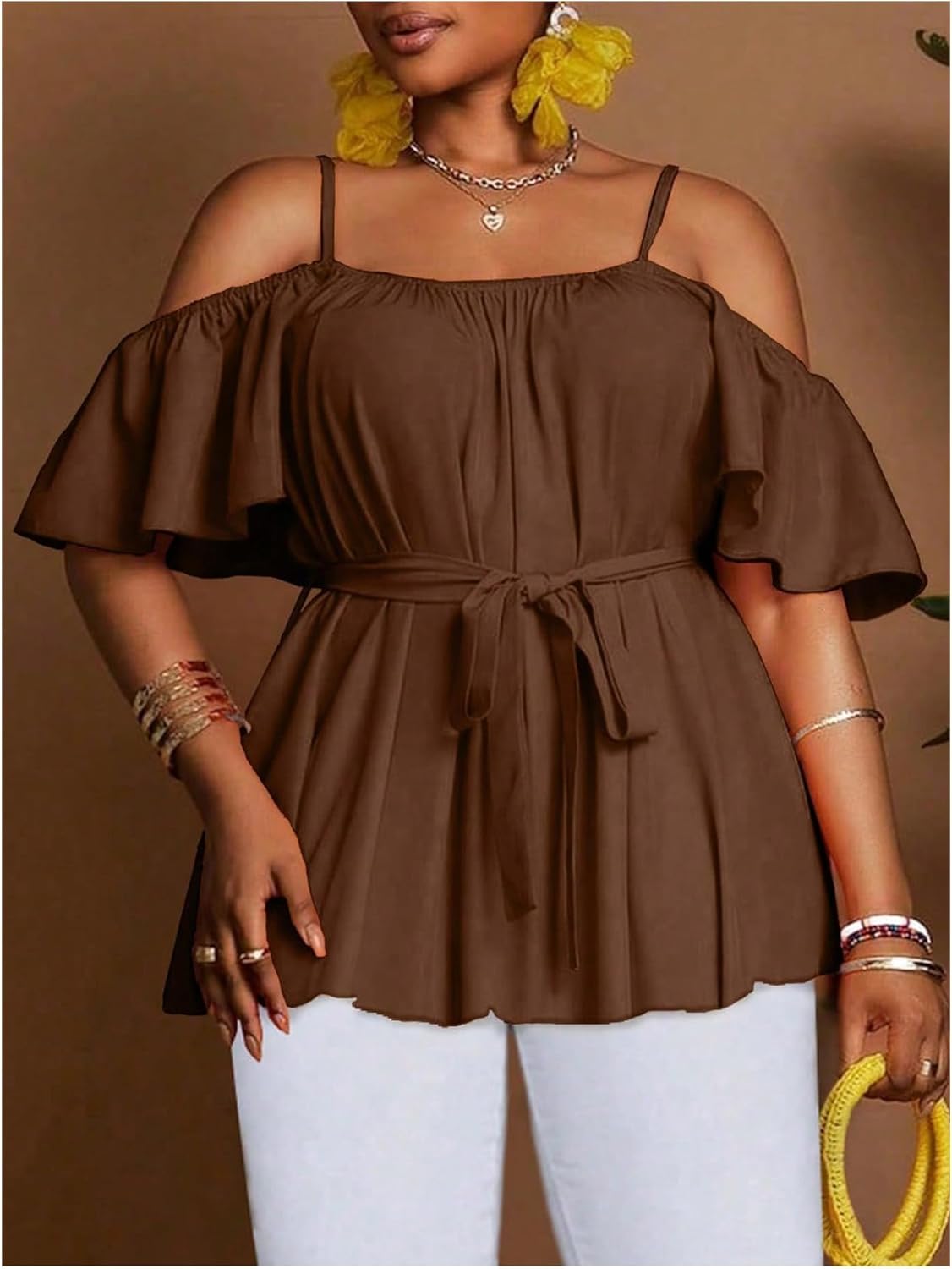 SOLY HUX Women's Plus Size Cold Shoulder Blouse Belted Peplum Top Short Sleeve Ruffle Shirts - Image 4