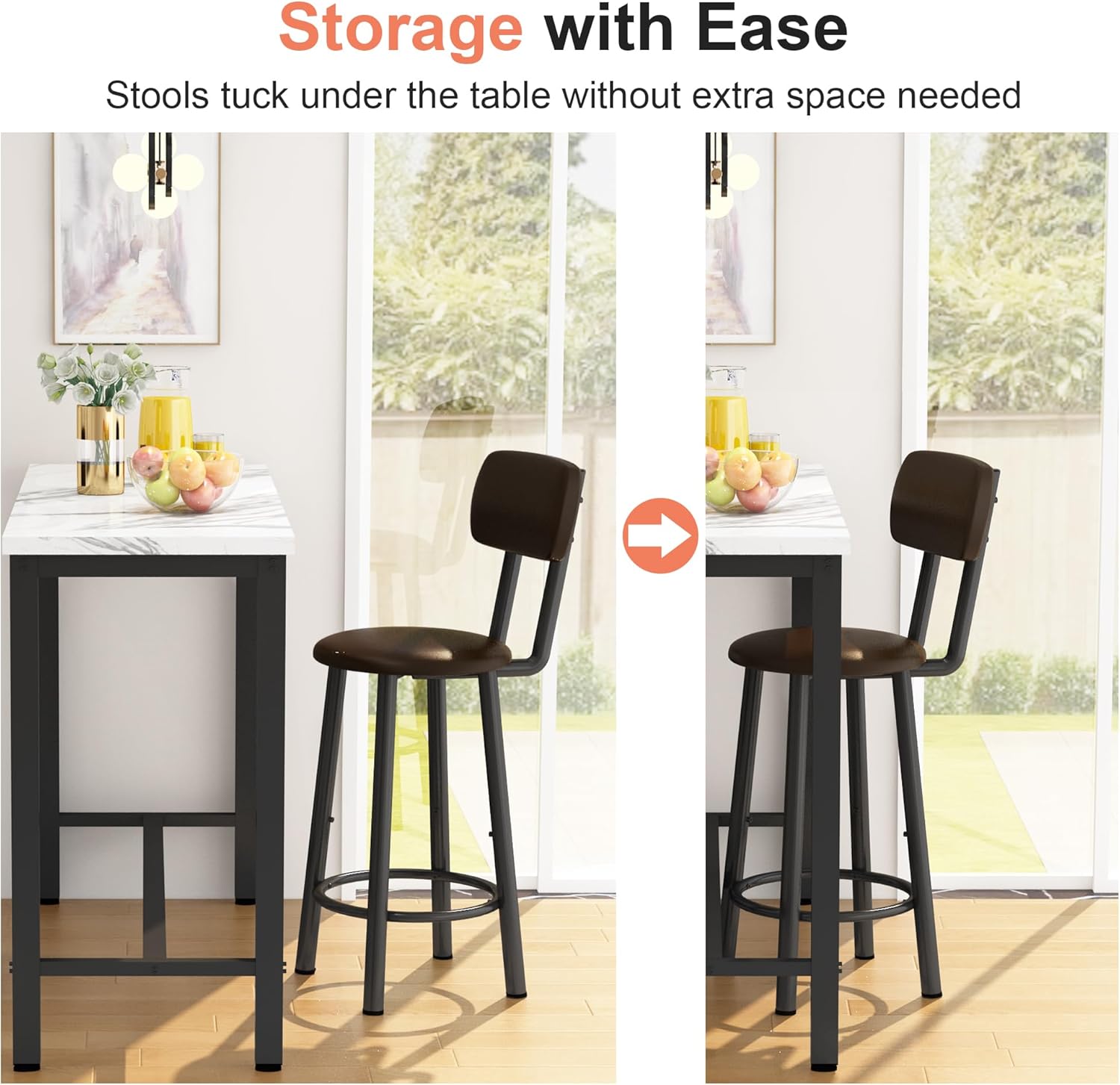 AWQM 3 Piece Bar Table Set of 2,39.3" Pub Bar Table and Chairs Set,Faux Marble Bar Height Table with 2 Backrest Stools,Small Dining Table for 2,Kitchen Table Set for Small Space,White & Brown