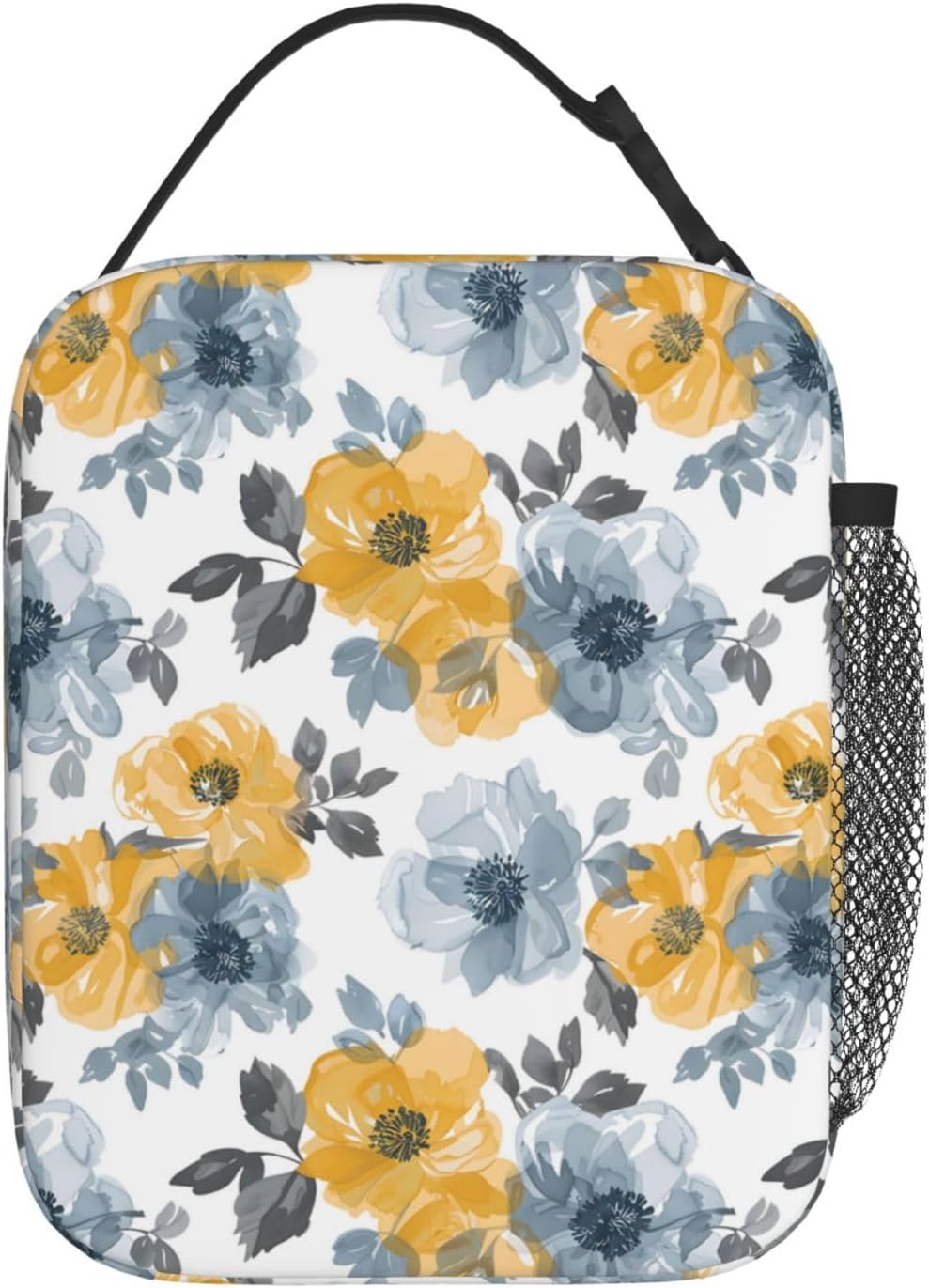Reusable Floral Lunch Box for Kids Girls Boys Women Adult, Insulated Yellow and Blue Flower Lunch Bag,Polyester Cooler Handbags Case for School Picnic Work Travel Beach or Hiking