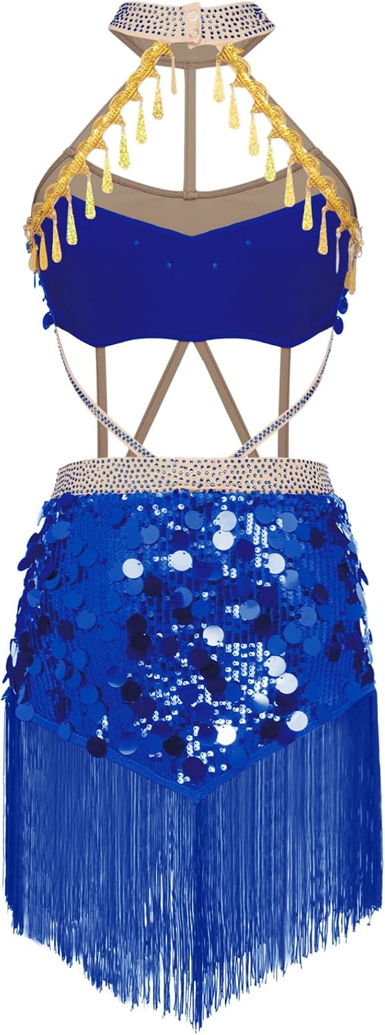 Women's Sparkly Sequin Fringe Latin Samba Tango Dance Leotard Dress Hollow Out Salsa Rumba Bodysuit