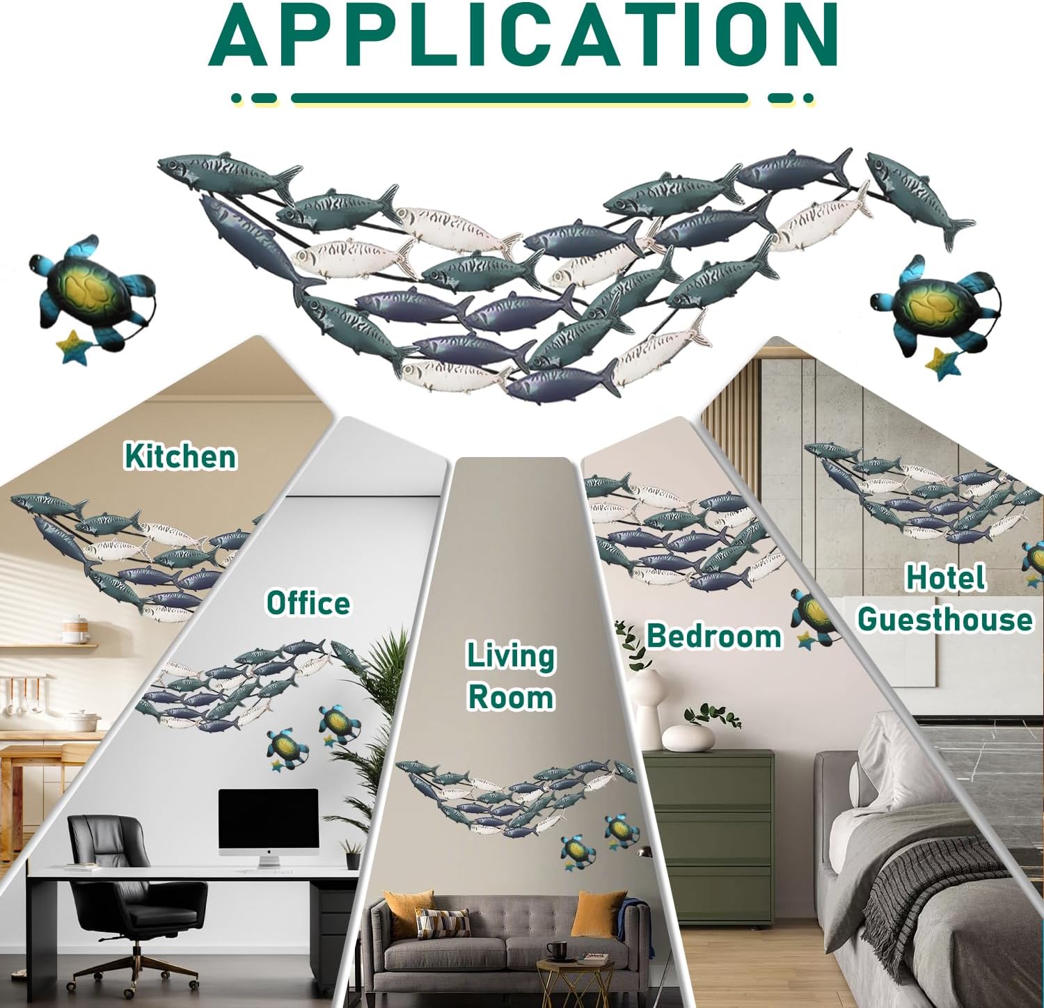 jvsufuik Metal Fish Wall Decor, Coastal Nautical Wall Art -Large Metal Fish Wall Sculpture with 2 Turtles, Size 59"X 17.3"