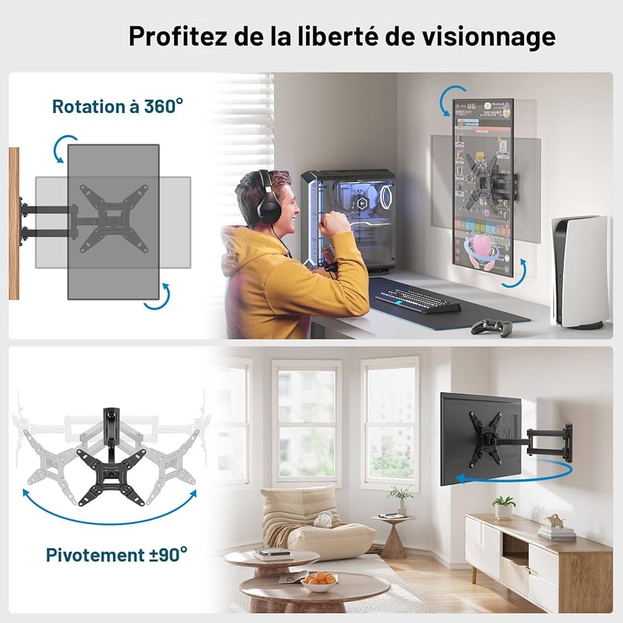 Support Mural TV Inclinable Et Pivotant Pour 23 à 50 Pouces - Compatible VESA Jusqu'à 200x200, Max 30 Kg - 6