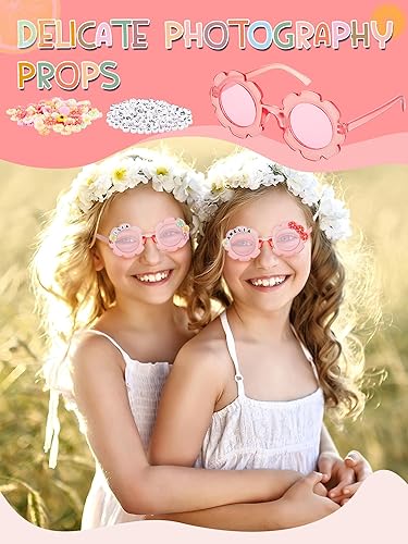 Miniatura 5 de Dunzy 10 pares de lentes de sol redondos de flores para niños, gafas de bricolaje para exteriores, con 50 margaritas, 100 cuentas de letras al azar,