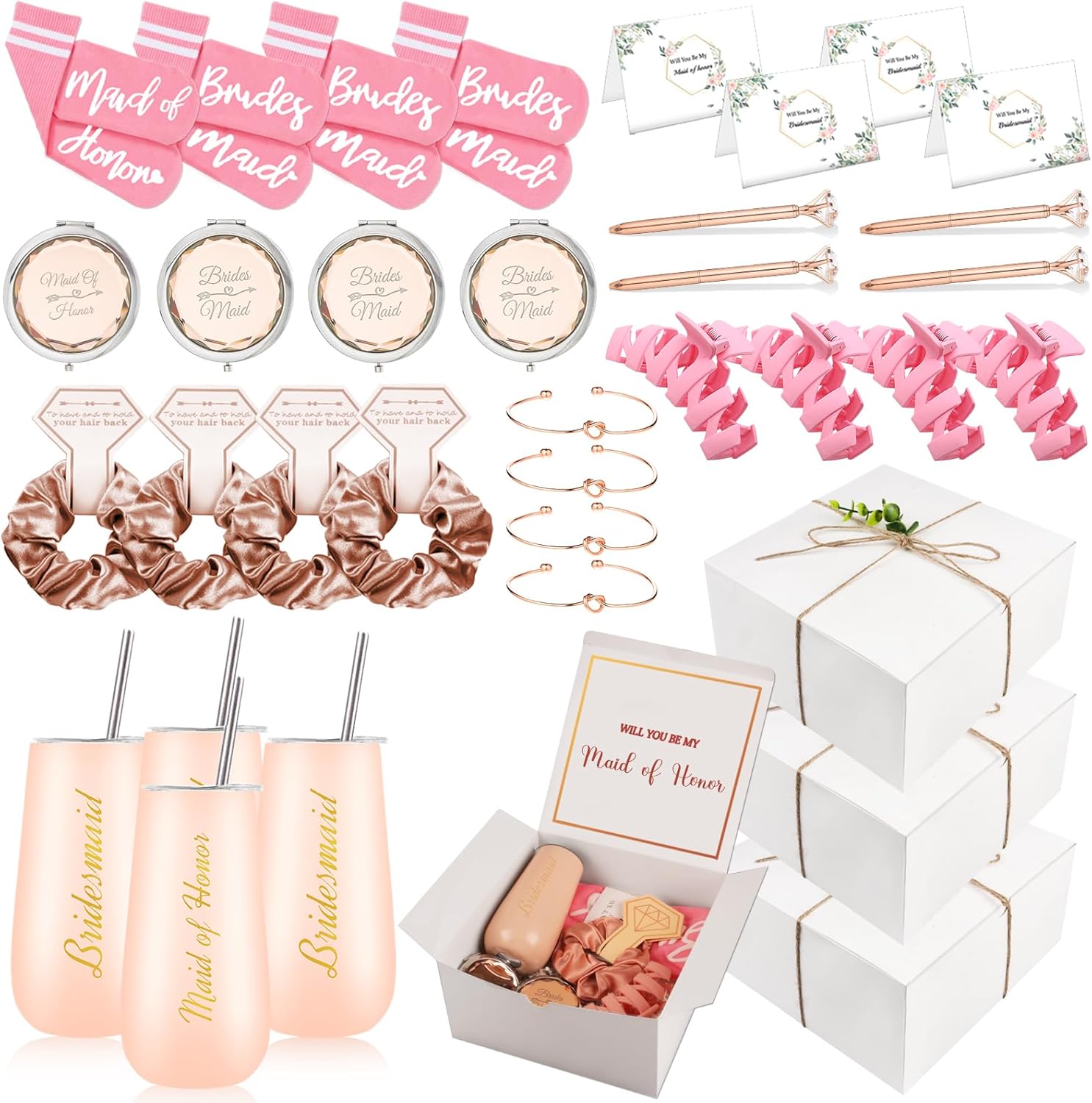 Bridesmaid Proposal Gifts Set of 4 Wedding Gifts for Maid of Honor 6oz Champagne Flutes Tumbler Set of 4 Bridesmaid Propoal Sock,Bridal Proposal Gift Bachelorette Gifts for Maid of Honor