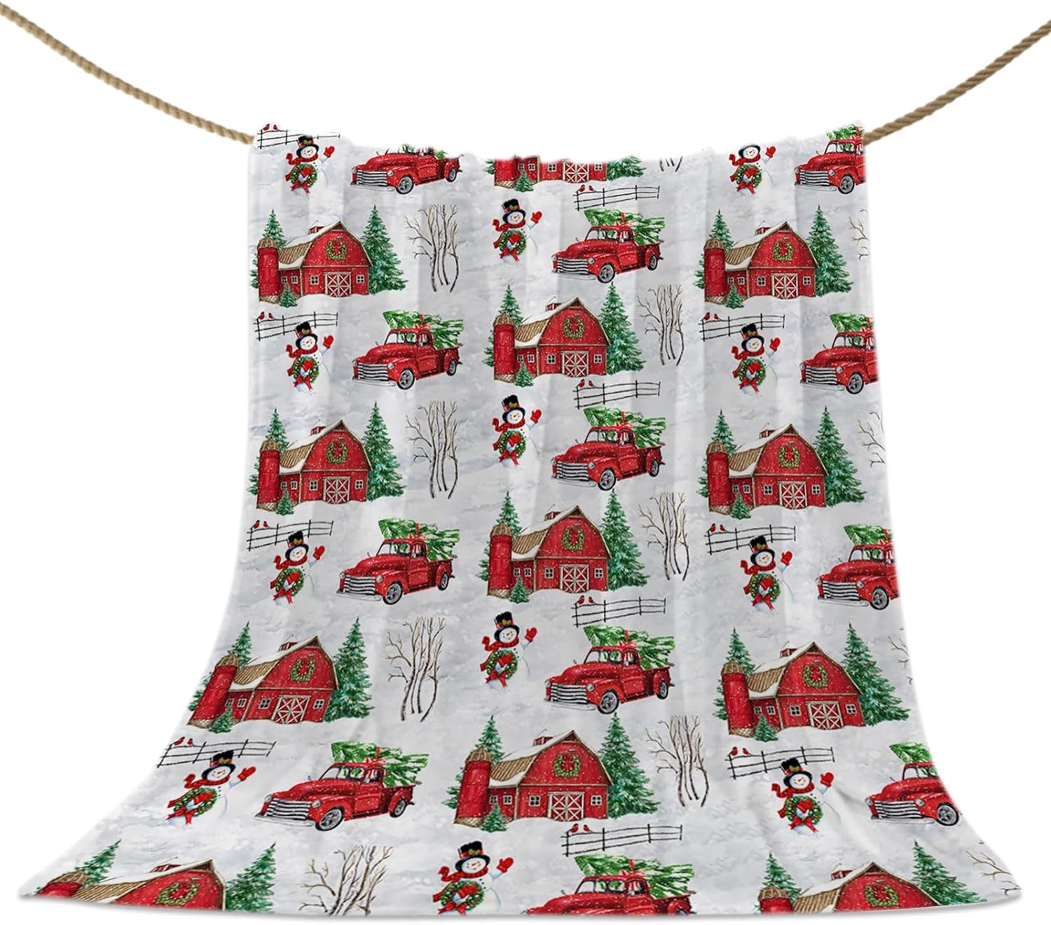 Red Truck Christmas Throw Blankets, Merry Xmas Snowman Tree
