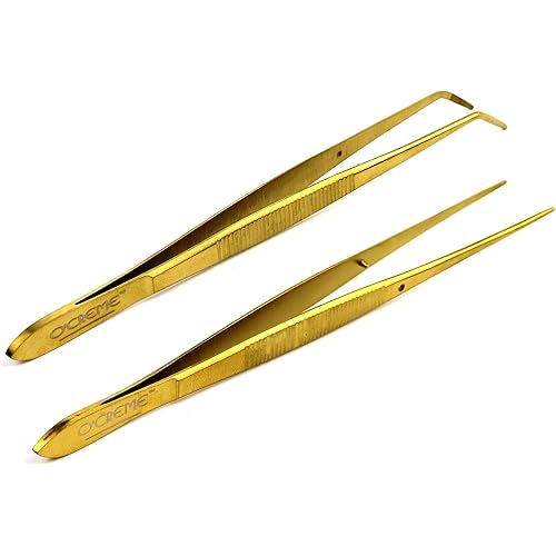 O'Creme Gold Stainless Steel Precision Kitchen Culinary Fine-Tip Tweezer Tongs, 1 with Curved Tip and 1 with Straight Tip