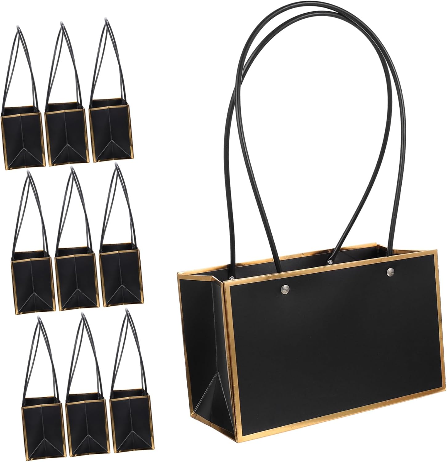 NULYLU 10pcs Handheld Flower Wrapping Bags Premium Paper Gift Bags for Bouquets Stylish Black with Gold Trim for Weddings Parties and Special Occasions