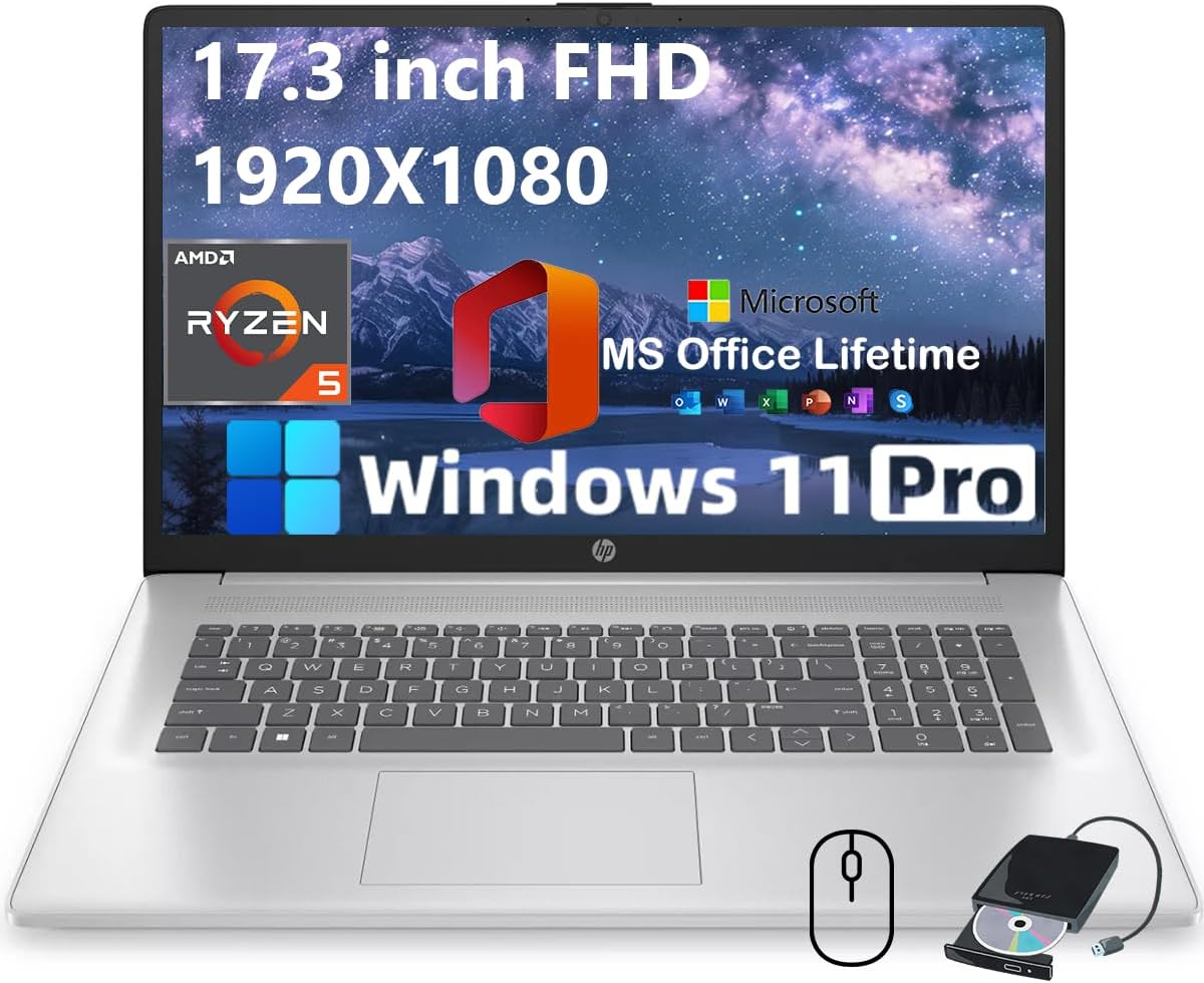HP 17.3" FHD Laptop for Business & Students - w/External DVD Drive & Office Lifetime License, AMD Ryzen 5 7430U CPU, 250 Nits IPS Display, Webcam, Wifi6, Win 11 Pro (16GB RAM 512GB SSD)