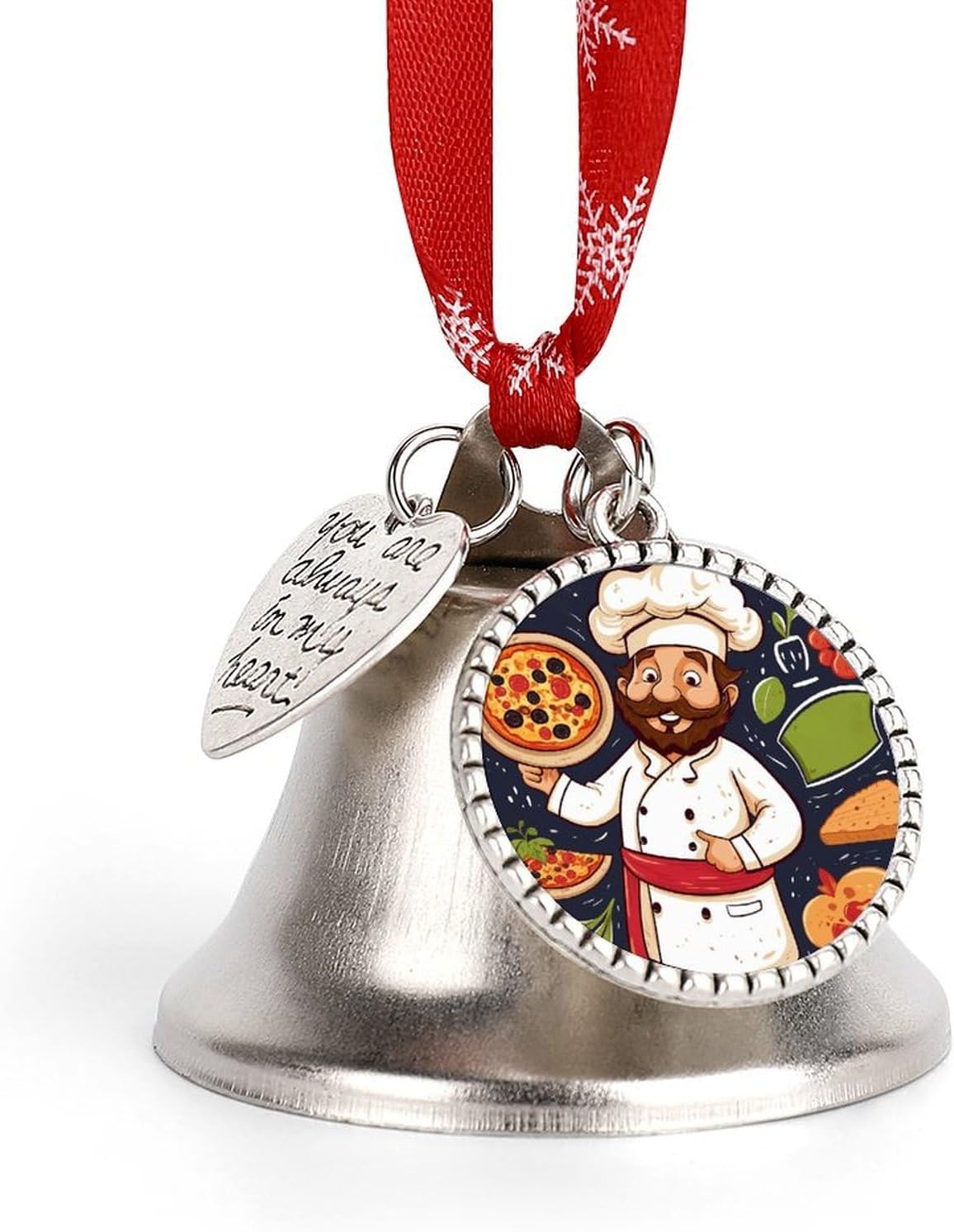 Chef Pizza Bell Ornament Red Ribbon for Christmas Tree Holiday Decoration Personality Believe Bell Ornaments Sleigh Bells for Winter New Year Party Supplies
