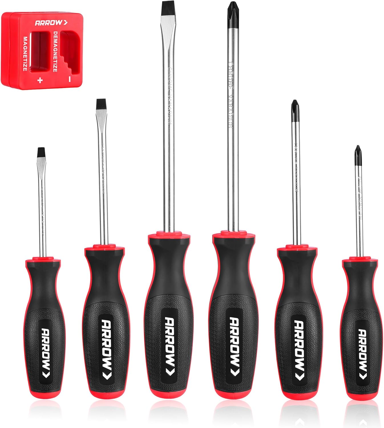 ARROW 7-Piece Magnetic Screwdriver and Magnetizer/Demagnetizer Set, Premium Cr-V Steel Screwdriver Set with Non-Slip Grip, Magnetic Phillips and Flathead Tips, for Home Improvement