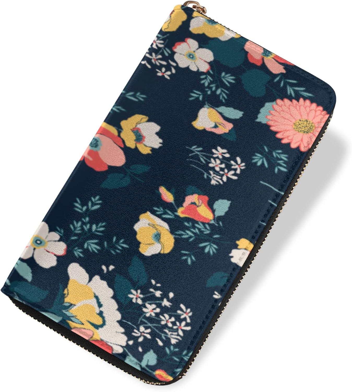 Dark Colorful Background Wallets For Women Gold Zip Around Credit Card Holder Organizer Colorful Flowers Long Wallet Large Capacity Lightweight Ladies Purse