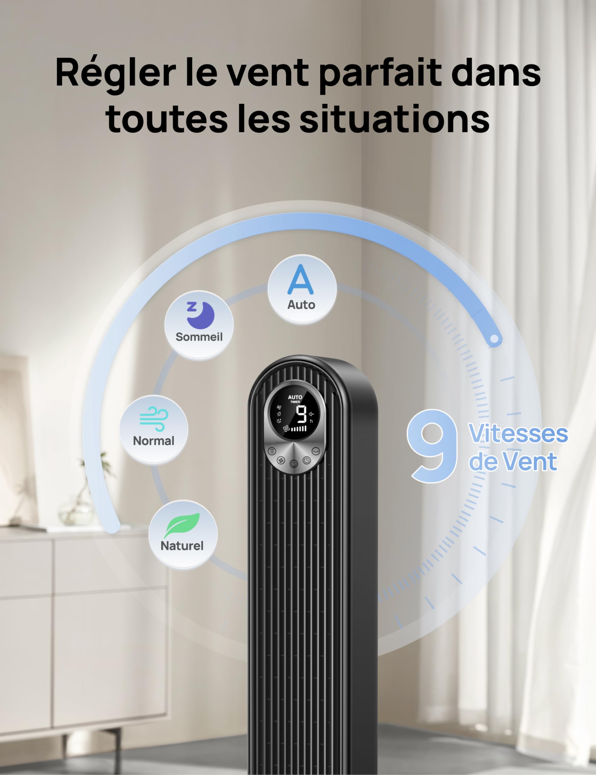 DREO Ventilateur Colonne Silencieux, Puissant Vitesse 8,53 m/s, Ventilateurs Tour de 106cm avec Télécommande, 9 Vitesses, 4 Modes, Minuterie 12H, Oscillant à 90° pour Grande Chambre