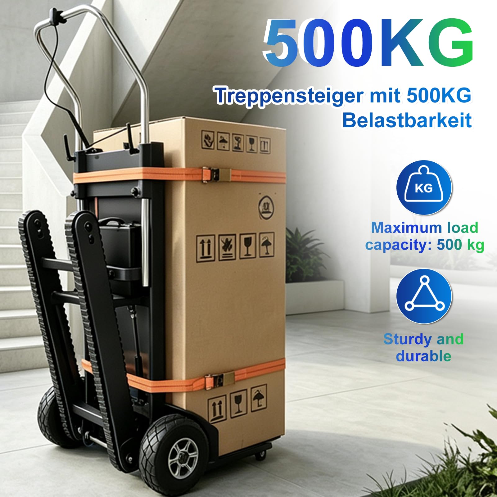 1200W Elektrischer Treppensteiger, Elektrische Sackkarre 500 Kg Tragkraft mit Bürstenloser Motor, Treppen & Abstiege BewäLtigen, Stair Climber mit Gummiketten für Möbeltransportieren Blau