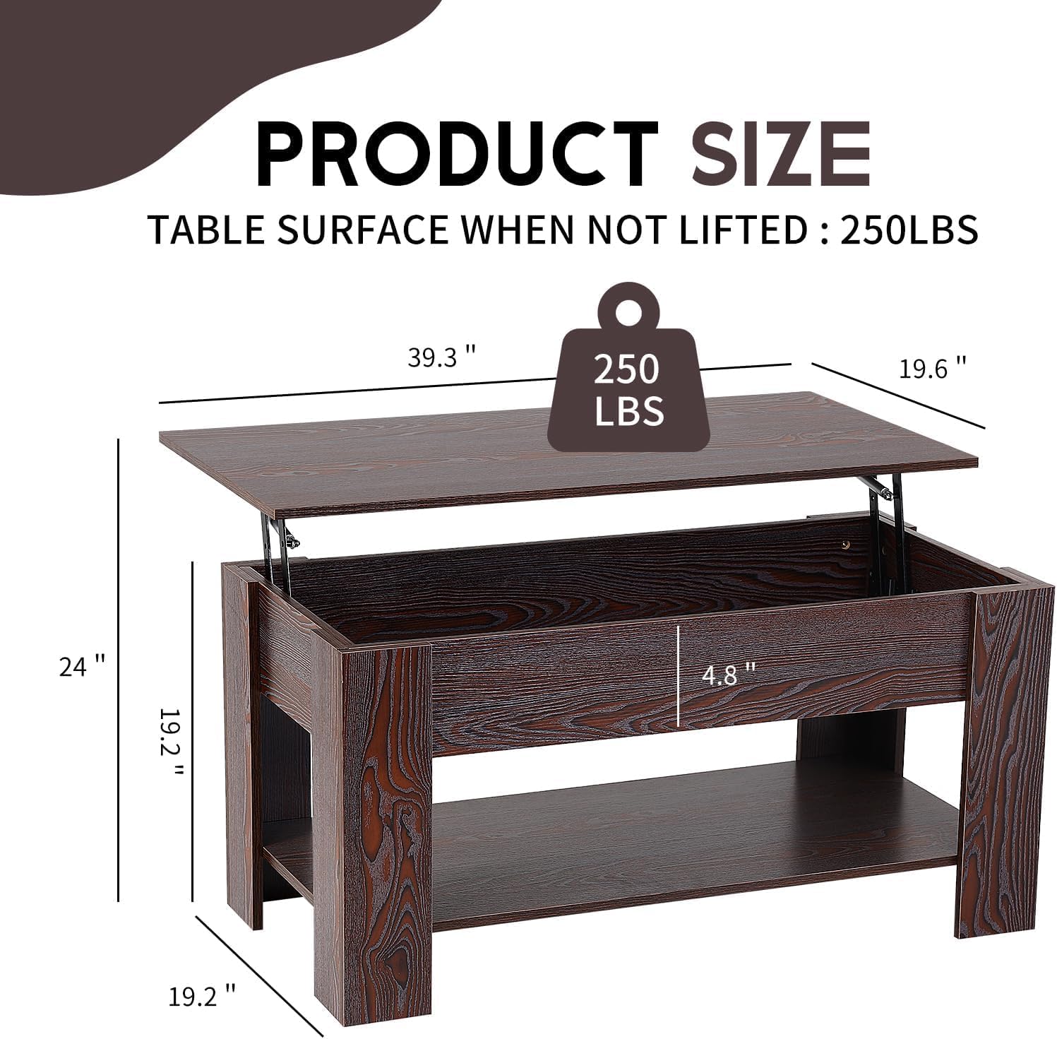 Lift Top Coffee Table with Hidden Compartment and Storage Shelf, Rising Wooden Tabletop Dining Table for Living Room Reception Room (Brown)
