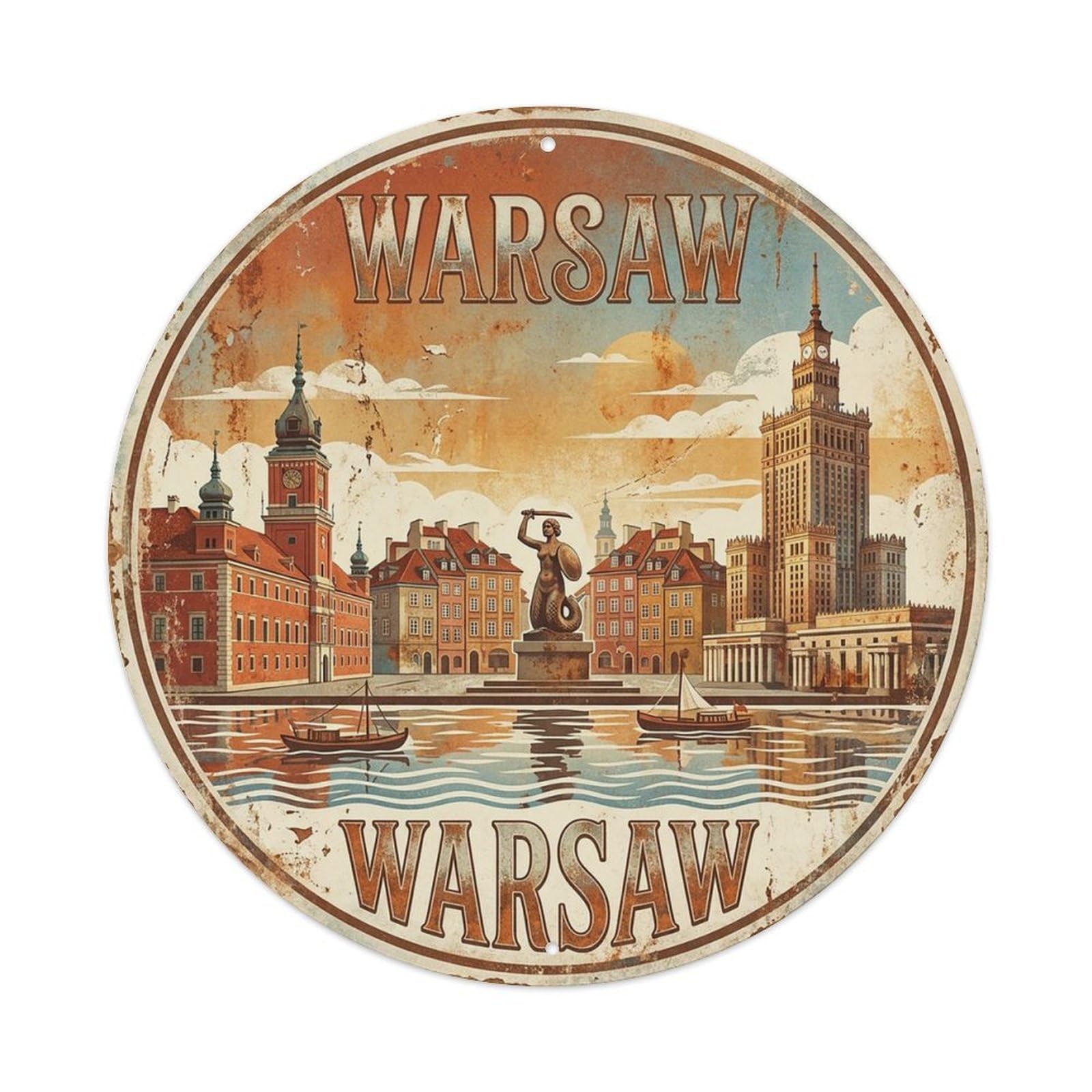 Vintage Travel Poland Warsaw Vintage Metal Tin Sign Plaque Wall Decor for Cafe, Club Bar, Office, Garden Metal Poster 8x8Inch
