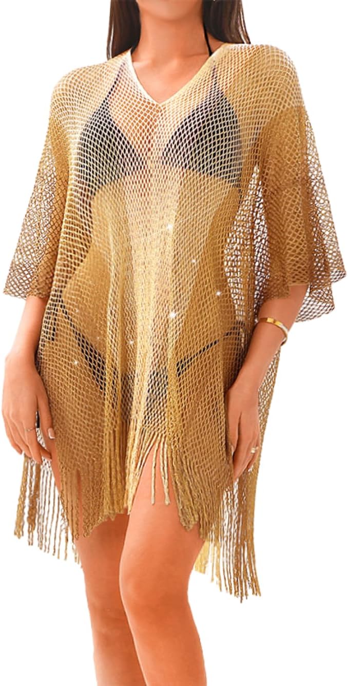 Kaei&Shi Sexy Sheer Gradient Swimsuit Coverup,Crochet Color Block Beach Dress,Fringe Bathing Suit Vacation Outfits for Women
