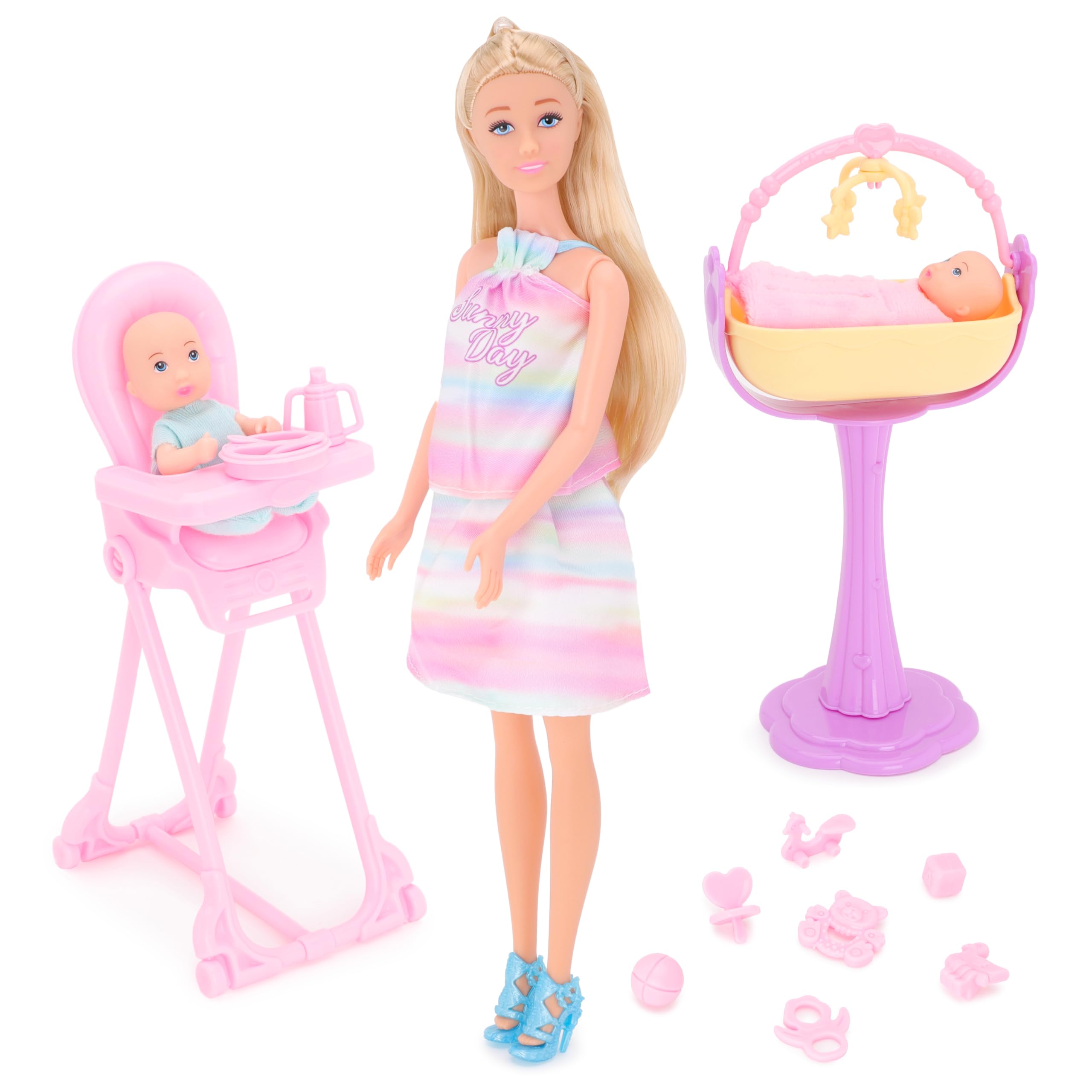 Toyland® Twin Baby Care Fashion Doll Playset - 1 Doll, 2 Babies, 1 Rocking Cot, 1 High Chair & 11 Accessories Included - Girls Toys