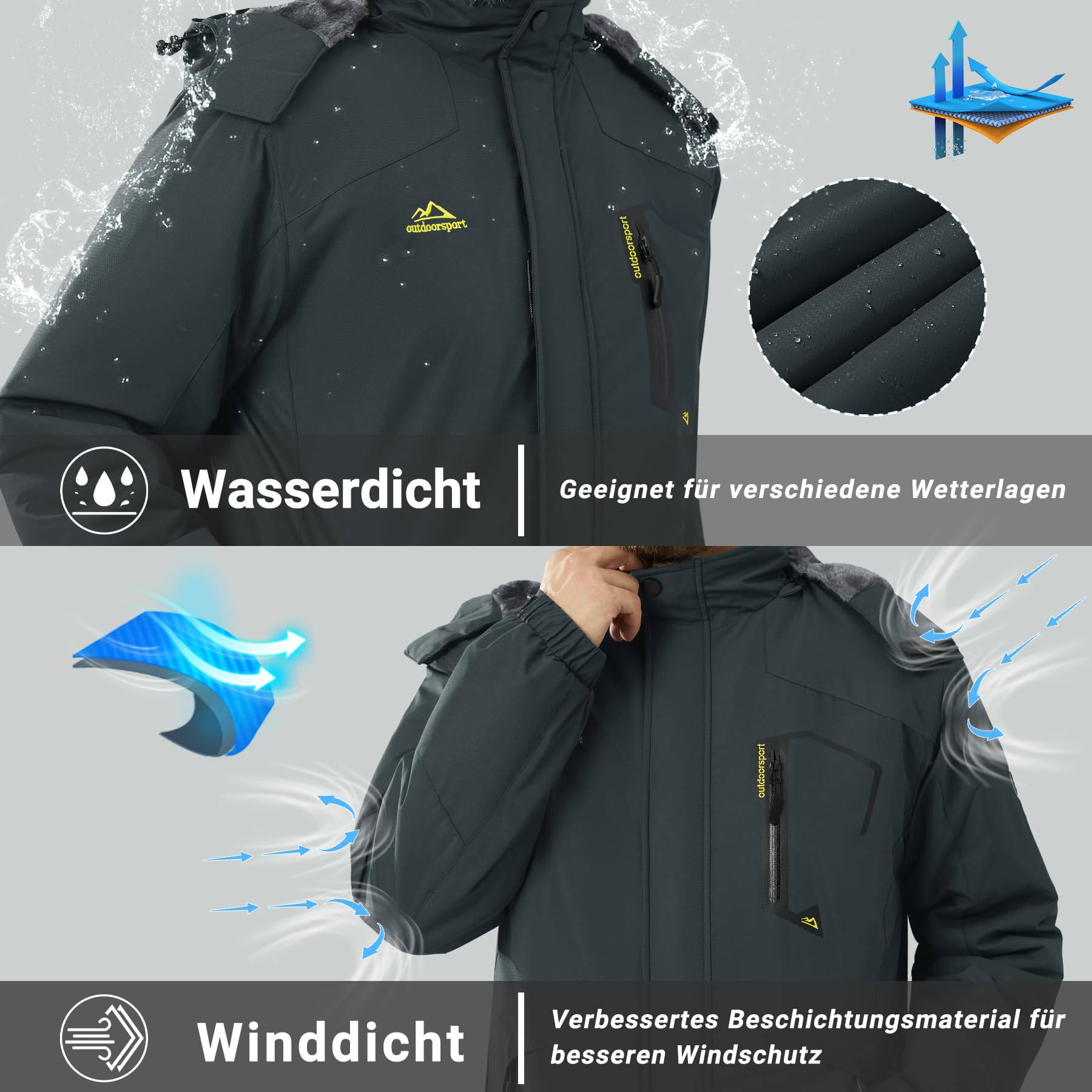 KEFITEVD Giacche in Pile Invernali da Uomo Calde Impermeabili da Sci Termici con Cappuccio Staccabile