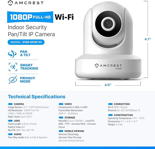 Miniatura 23 de Amcrest ProHD 1080P WiFi 2MP (1920TVL) Cámara IP inalámbrica de seguridad Pan/Tilt interior IP2M-841B (negro) Negro -,Blanco,plateado
