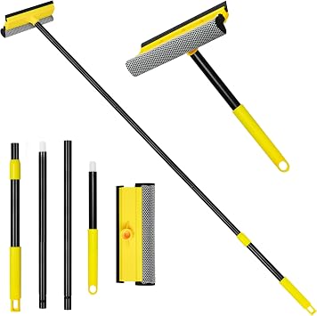NEWE Window Squeegee with Extension Pole, 54.5 inches Car Windshield Washer Kit with Sponge, Extendable Shower Glass Cleaner Tool for Home Cleaning Mirror Auto Truck Short Handle Included