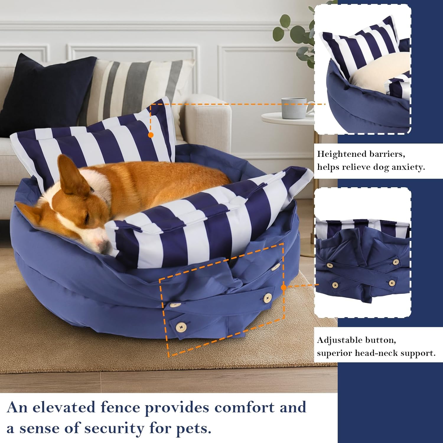 2-in-1 Dog Bed for Medium Size Dogs Up to 40 lbs Pet Bed Waterproof Dog Crate Bed with Removable Washable Cover, 23 x 9 Inches, Blue Stripes