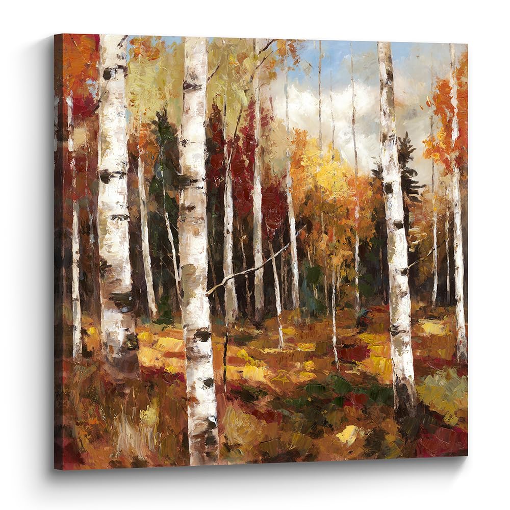 the stream design Birch Tree Wall Art Canvas: Trees Landscape Painting Picture Hand Painted Nature Autumn Forest Print Decor Textured Artwork for Bedroom Living Room Office Home