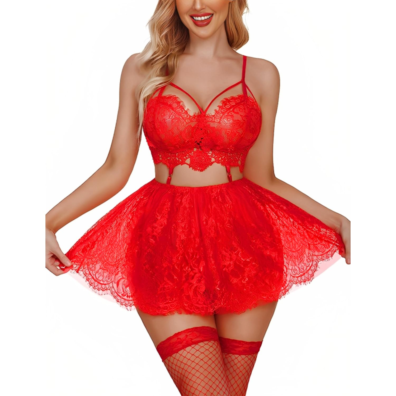 Women Babydoll Sheer lace Floral Design with Adjustable Buckle Mesh Chemise Lingerie Set Strappy Exotic Sleepwear with Thong Panty Honeymoon Wedding Nighty for Bridal’s