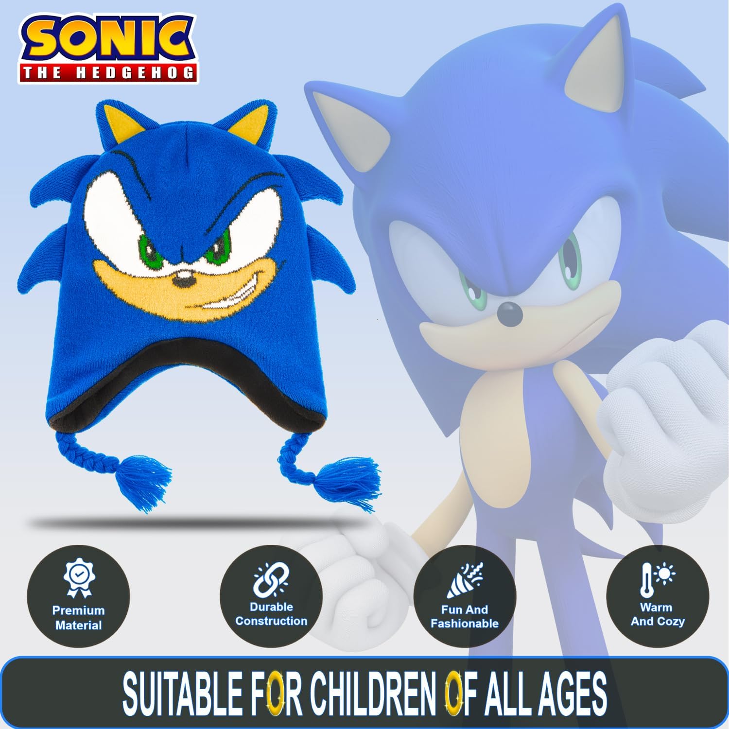 Sonic The Hedgehog Winter Hat and Gloves Set – Blue Sonic Hat for Boys Ages 5-13 – Winter Hat with Scarf and Glove Set