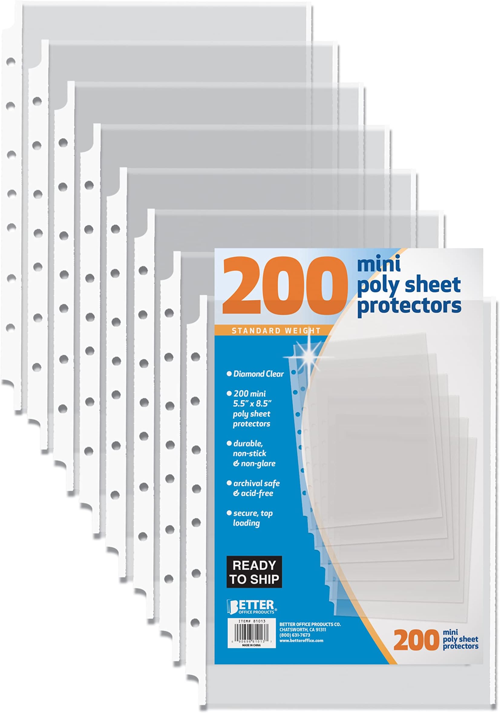 Better Office Products 200 Count Mini Poly Sheet Protectors, Standard Weight, Diamond Clear, 5.5" x 8.5", 200 Pack