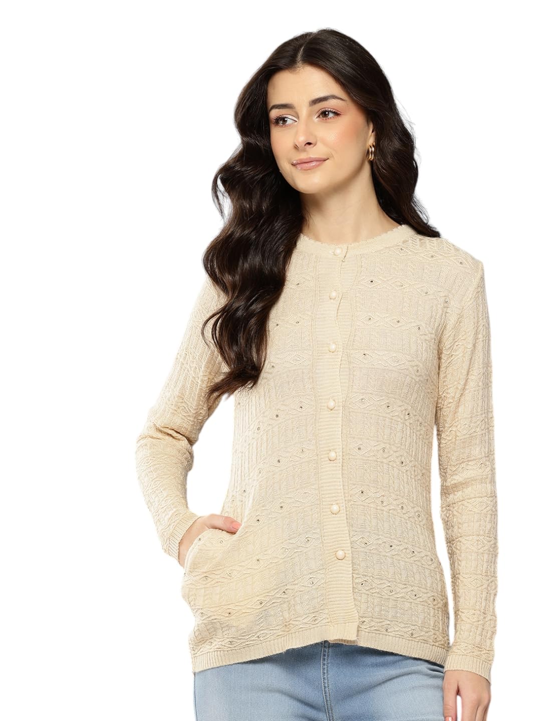 aarika Womens Winter Wear Cream Colour Solid Woolen Cardigan-picture-25