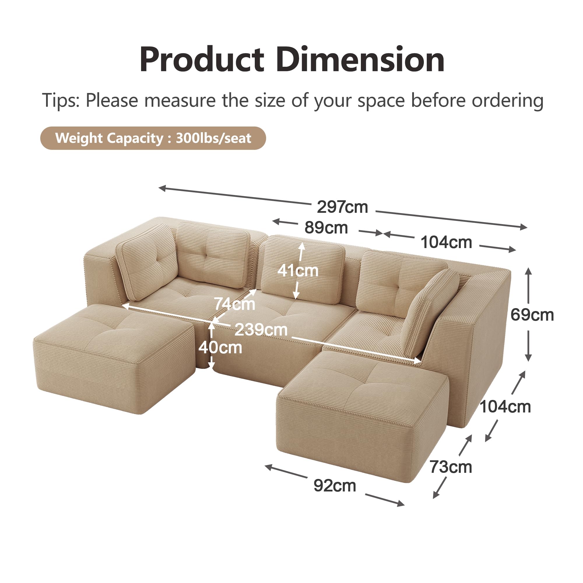 Bladez Sofá modular en forma de U, sofá de 3 plazas moderno de cordón con reposapiés, sofá de asiento profundo sin costuras sin montaje, sofá comprimido, para sala de estar (Beige, 3 plazas+2)