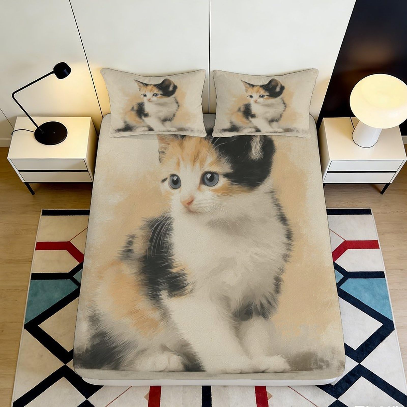 3D Printed Calico Cat Fitted Sheet Microfiber Soft Anti-Slip Kitten Mattress Cover for Bedroom Dorm Bed Protection Decor 90x200x25cm