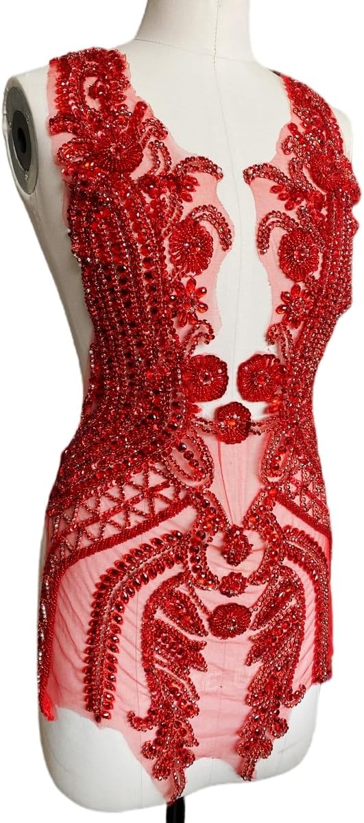 Pure Handmade Rhinestone lace Large Bodice Applique Sewing Beads Stones Trim Patches for Dress Accessories 1PCS/Bag 17.7X31.8inches (Red)