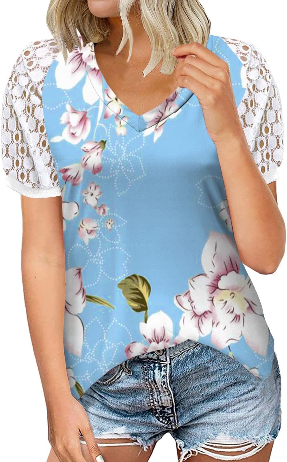 Women's Short Sleeve Tops YOMOGO Lace V Neck Basic T-Shirt Tops Lace Short Sleeve Solid Color Elegant Blouses Tops Lace Stitching Loose Top Fashion Printed Casual Elegant Shirt Blouse Sweatshirt
