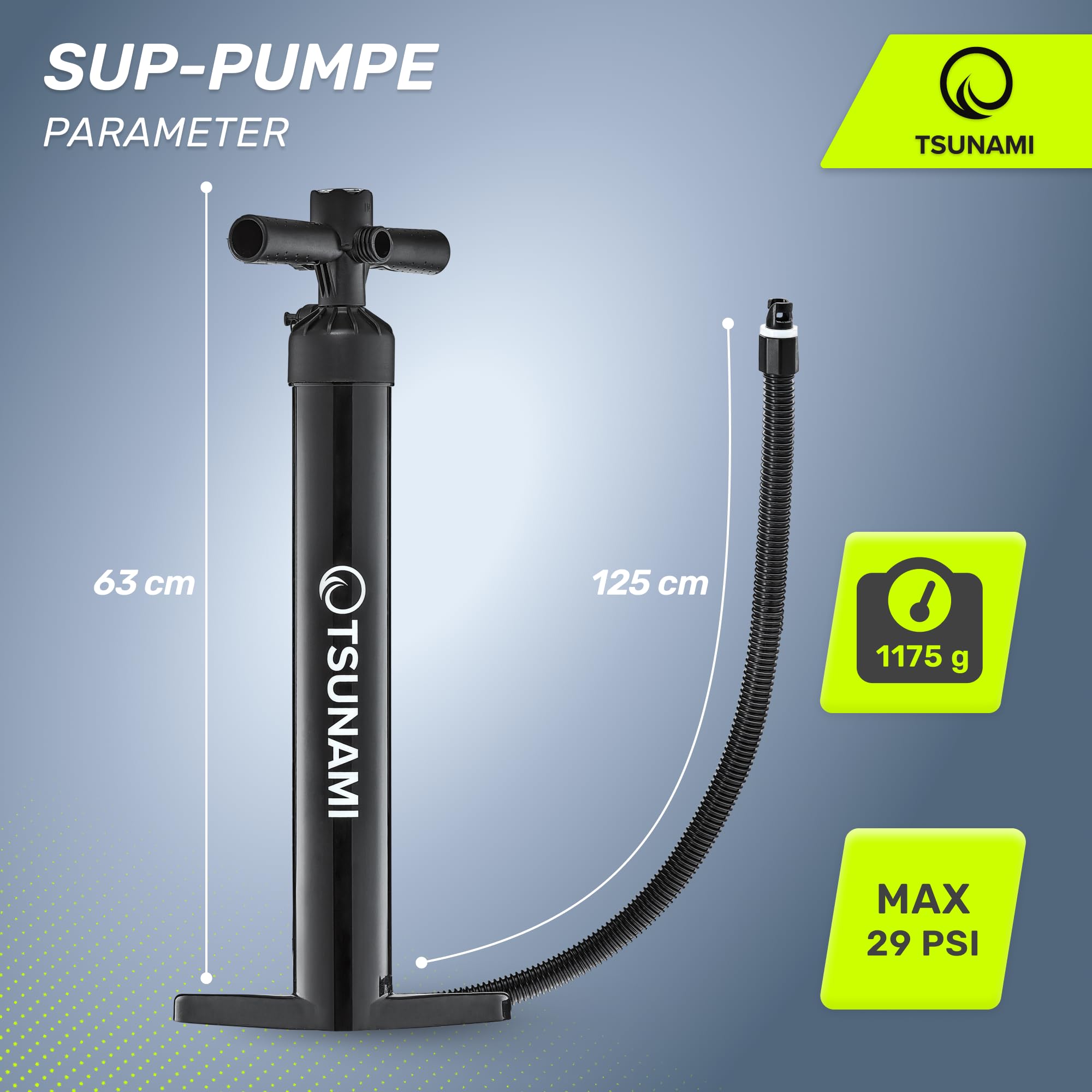 Tsunami SUP-Handpumpe, max. 2 bar (29 PSI), High Big Volume, Doppelt wirkende, Luftpumpe, Hochdruck-Superpumpe für Kajak, Dingy Boote, Paddelboard, Schlauchboot SUP und Stand Up Paddle Board