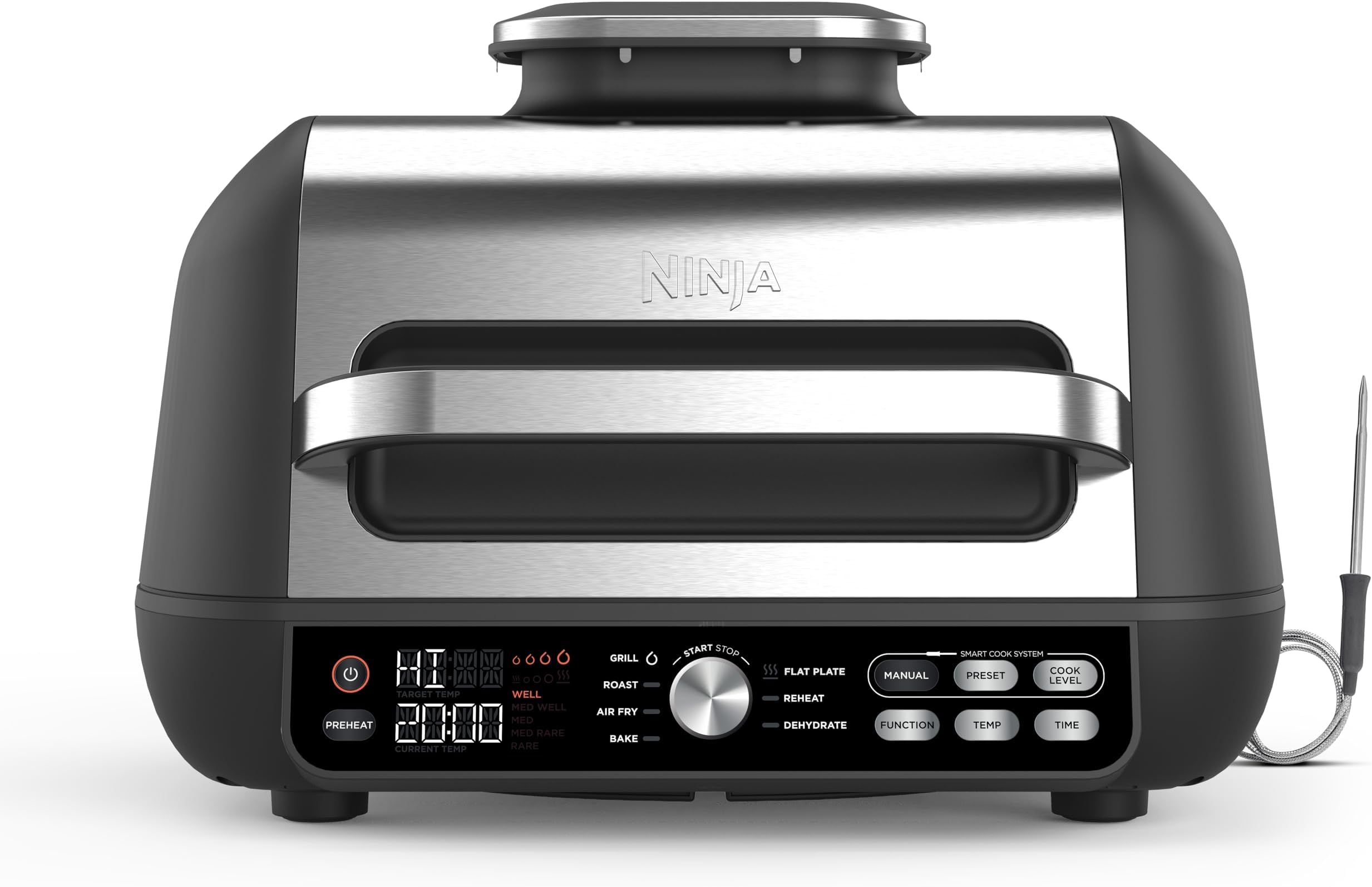 Ninja Foodi MAX PRO Health Grill, Flat Plate & Air Fryer 3.8L with Digital Cooking Probe, 7-in-1, Air Fry, Bake & more, Dishwasher Safe Parts, Cleaning Brush, Large Grill Plate, Silver/Black AG651UK