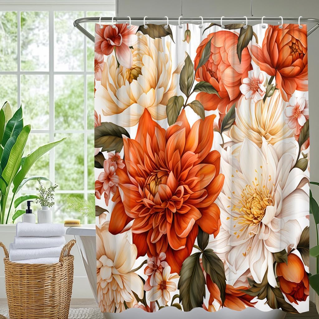Boho Floral Orange Shower Curtain Aesthetic Flowers, 70" Wx70 H