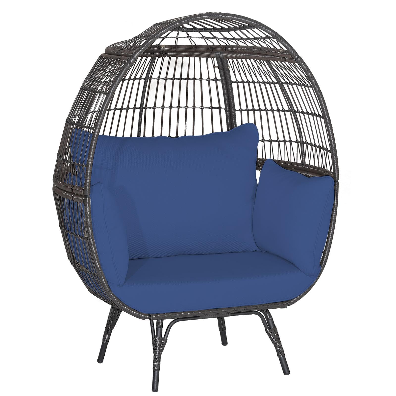 Multigot Rattan Egg Chair, 2-Seater Wicker Lounger Chair with Padded Seat and 4 Cushions, Metal Frame Freestanding Teardrop Chair Egg Basket Seat for Indoor Outdoor Balcony Poolside (Navy)
